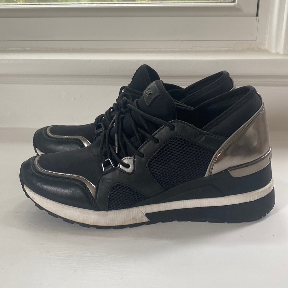 Michael Kors size 10 wedge trainer shoes - black, white and silver
